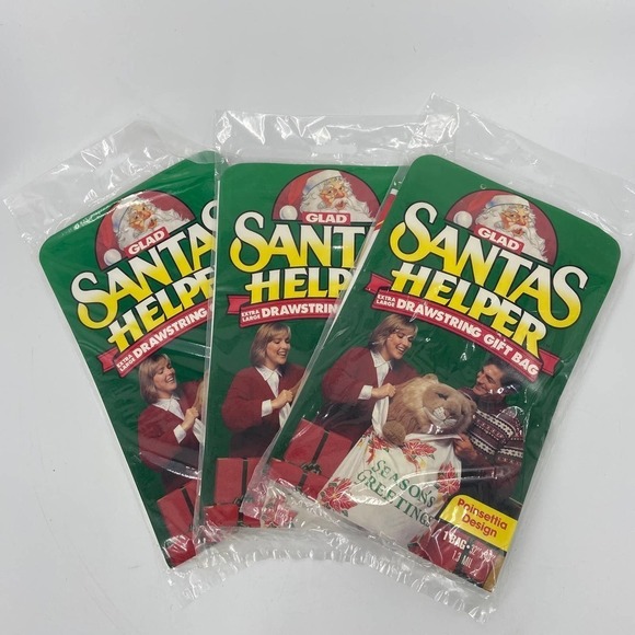 VINTAGE Lot of 3 Glad Santa's Helper XL Drawstring Gift Bag Poinsettia 32" x 40" - Picture 9 of 9